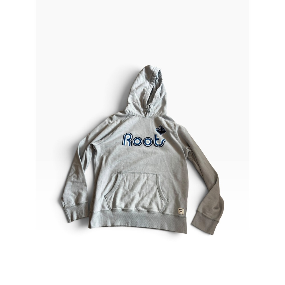 Roots Canada Hoodie L Light Blue Pullover Graphic Logo Fleece Sweatshirt Casual